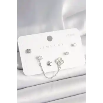 925 Ayar Gümüş Çivi Pirinç Gümüş Renk Zirkon Taşlı Yonca Model Sallantı Zincir Detay Kadın Küpe Seti