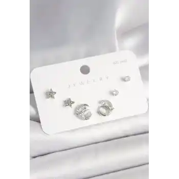 925 Ayar Gümüş Çivi Zirkon Taşlı Hilal Yıldız Model Kadın Küpe Seti
