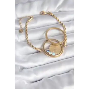 Açılabilir 316L Çelik Gold Renk Burgu Zincir Fanus Çeyrek Model Kadın Bileklik