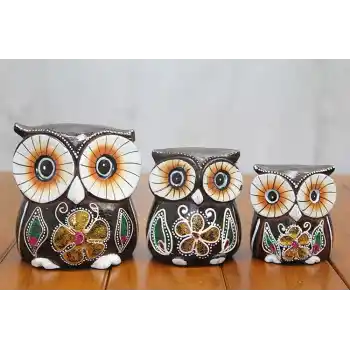 Ahşap 3Lü Baykuş Seti Polos:1