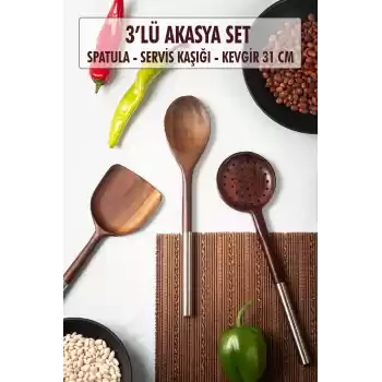 Akasya 3 lü Servis Kaşığı & Servis Kevgiri & Servis Spatulası & Salata Servis Seti