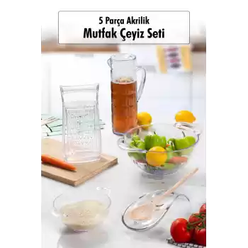 Akrilik Şeffaf 5 Parça Sürahi & Rende & Süzgeç & Mini Süzgeç & Kaşıklık & Mutfak Çeyiz Seti