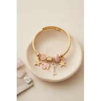 Anahtar ve Fil Model Pembe Charmlı Bileklik