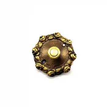 Antika Tarz Dekoratif Pirinç Güllü Kapı Zili - 75mm, Antik