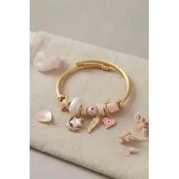 Ay Yıldız ve Kalp Model Pembe Charmlı Kadın Bileklik