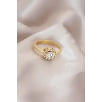 Ayarlamalı Altın Renk Metal Zirkon ve Kristal Taşlı Oval Model Yüzük