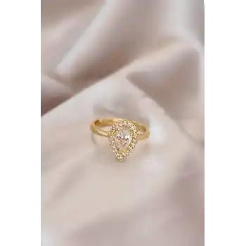 Ayarlamalı Gold Renk Metal Zirkon Taşlı Damla Model Yüzük