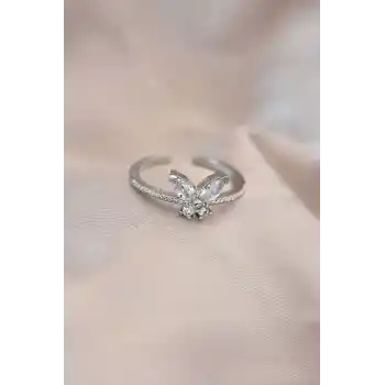Ayarlamalı Gümüş Renk Metal Zirkon Taş ve Kristal Taşlı Kelebek Model Yüzük