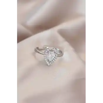Ayarlamalı Silver Renk Metal Zirkon ve Kristal Taşlı Damla Model Yüzük