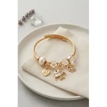 Balık Charmlı Beyaz Renk Gold Bileklik