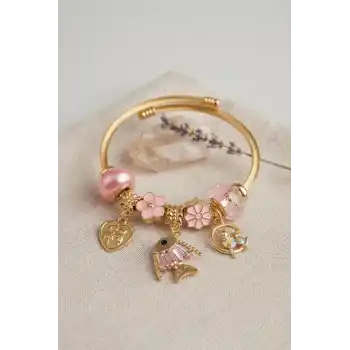 Balık Charmlı Pembe Renk Gold Bileklik