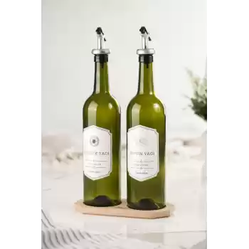 Bambu Standlı 2li 750 ml Zeytinyağı & Sıvı yağ Şişesi & Yağlık Sirkelik Seti (Damlatmaz)