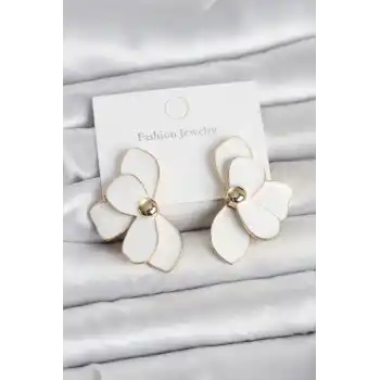 Beyaz Mineli Lotus Model Pirinç Kadın Küpe