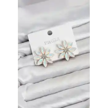 Beyaz Renk Kristal Taşlı Lotus Çiçek Model Kadın Küpe
