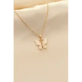 Beyaz Sedefli Kelebek Figürlü Kadın Kolye