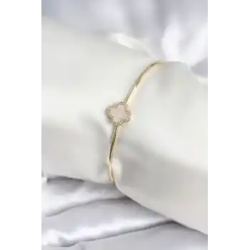 Beyaz Sedefli Yonca Model Gold Renk Kadın Bileklik