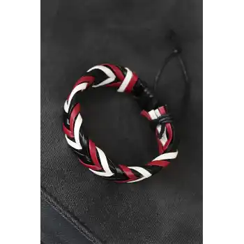 Bordo Beyaz Siyah Örgü Deri Erkek Bileklik