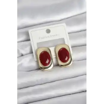 Bordo Renk Kare Model Vintage Kadın Küpe