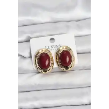 Bordo Renk Oval Vintage Pirinç Kadın Küpe