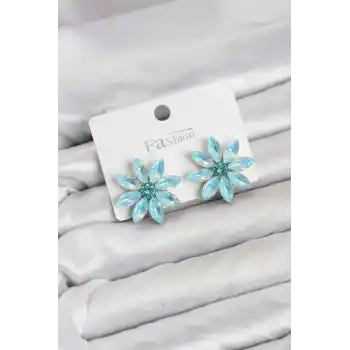 Buz Mavisi Renk Kristal Taşlı Lotus Çiçek Model Kadın Küpe