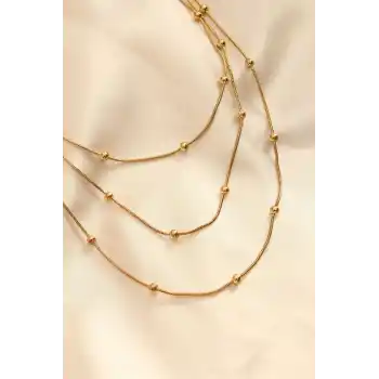 Çelik Altın Renkli Topçuk Tasarımlı Çoklu Kolye