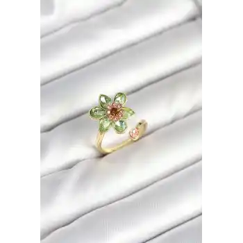 Çiçek Model Yeşil Pirinç Gold Renk Yüzük