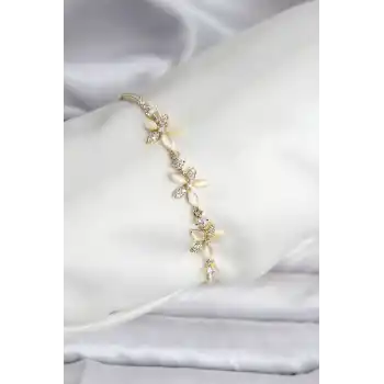 Çiçek Model Zirkon Taşlı Gold Renk Pirinç Su Yolu Kadın Bileklik