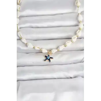 Doğal Deniz Kabuğu Dizili Mavi Yıldız Göz Model Kolye
