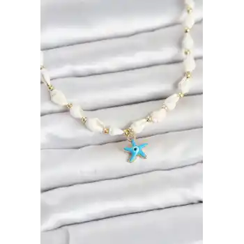 Doğal Deniz Kabuğu Dizili Mavi Yıldız Model Kolye