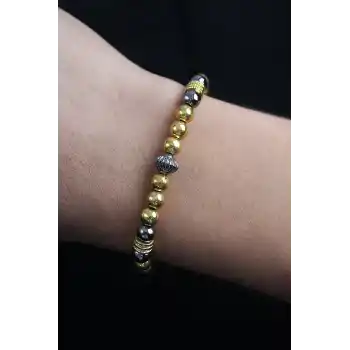 Doğal Taş Çember Model Gold Ve Füme Renk Asansörlü Erkek Bileklik