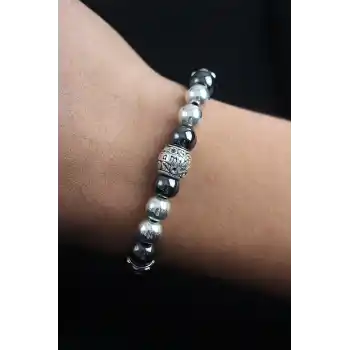 Doğal Taş Family Model Gümüş Ve Füme Renk Asansörlü Erkek Bileklik