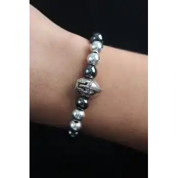 Doğal Taş Gladyatör Model Gümüş Ve Füme Renk Asansörlü Erkek Bileklik