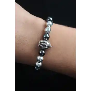 Doğal Taş Gladyatör Model Gümüş Ve Füme Renk Asansörlü Erkek Bileklik