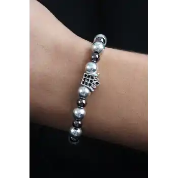 Doğal Taş Kral Tacı Model Gümüş Ve Füme Renk Asansörlü Erkek Bileklik