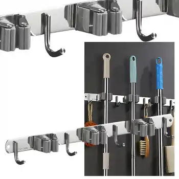 Dört Kancalı Askılık Üç Klıpslı Paspas Süpürge Tutucu