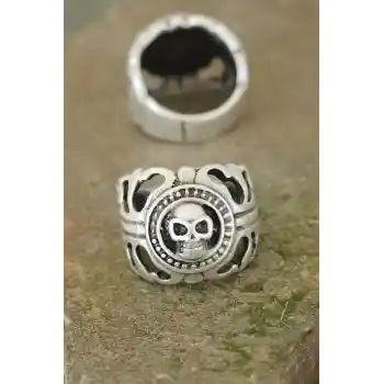 Eskitme Gümüş Renk Metal Kuru Kafa Tasarım Ayarlamalı Erkek Yüzük