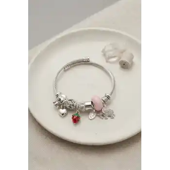 Fil Çilek ve Kalp Pembe Charmlı Bileklik