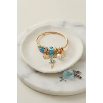 Geyik Model Gold Renk Mavi Charmlı Bileklik