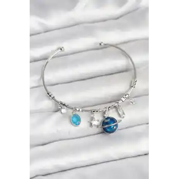 Gezegen Charmlı Gümüş Renk Pirinç Kadın Bileklik
