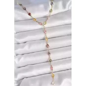 Gold Karışık Renk Zirkon Taşlı Y Pirinç Kolye