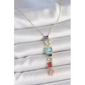 Gold Karışık Renk Zirkon Taşlı Y Pirinç Kolye