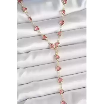 Gold Pembe Renk Kalp Figürlü Zirkon Taşlı Y Pirinç Kolye