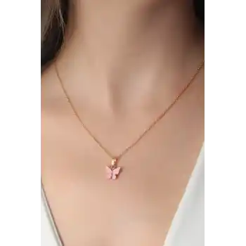Gold Pembe Renk Kelebek Figür Kadın Kolye