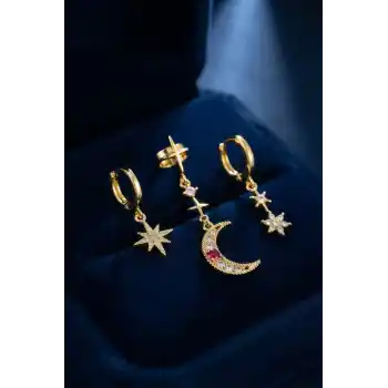Gold Renk 3 lü Ay ve Yıldız Model Küpe