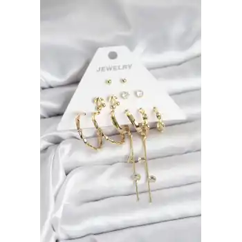 Gold Renk 6 Çift Pirinç Kadın Küpe Seti