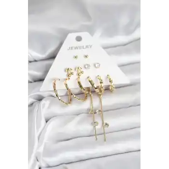 Gold Renk 6 Çift Pirinç Kadın Küpe Seti