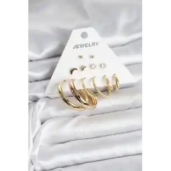 Gold Renk 6 Çiftli Pirinç Kadın Küpe Seti