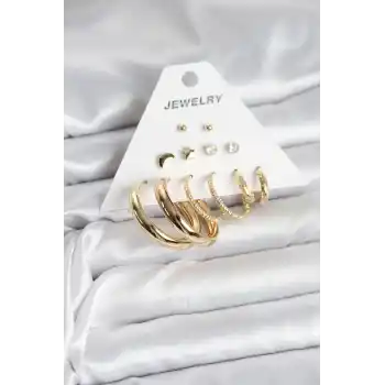 Gold Renk 6 Çiftli Pirinç Kadın Küpe Seti
