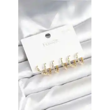 Gold Renk Burgu Halka Model 925 Ayar Gümüş Çivili Pirinç Küpe Seti