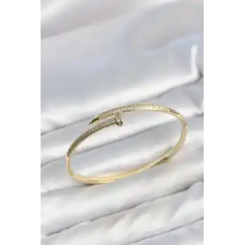 Gold Renk Çivi Model Zirkon Taşlı Kadın Kelepçe Bileklik